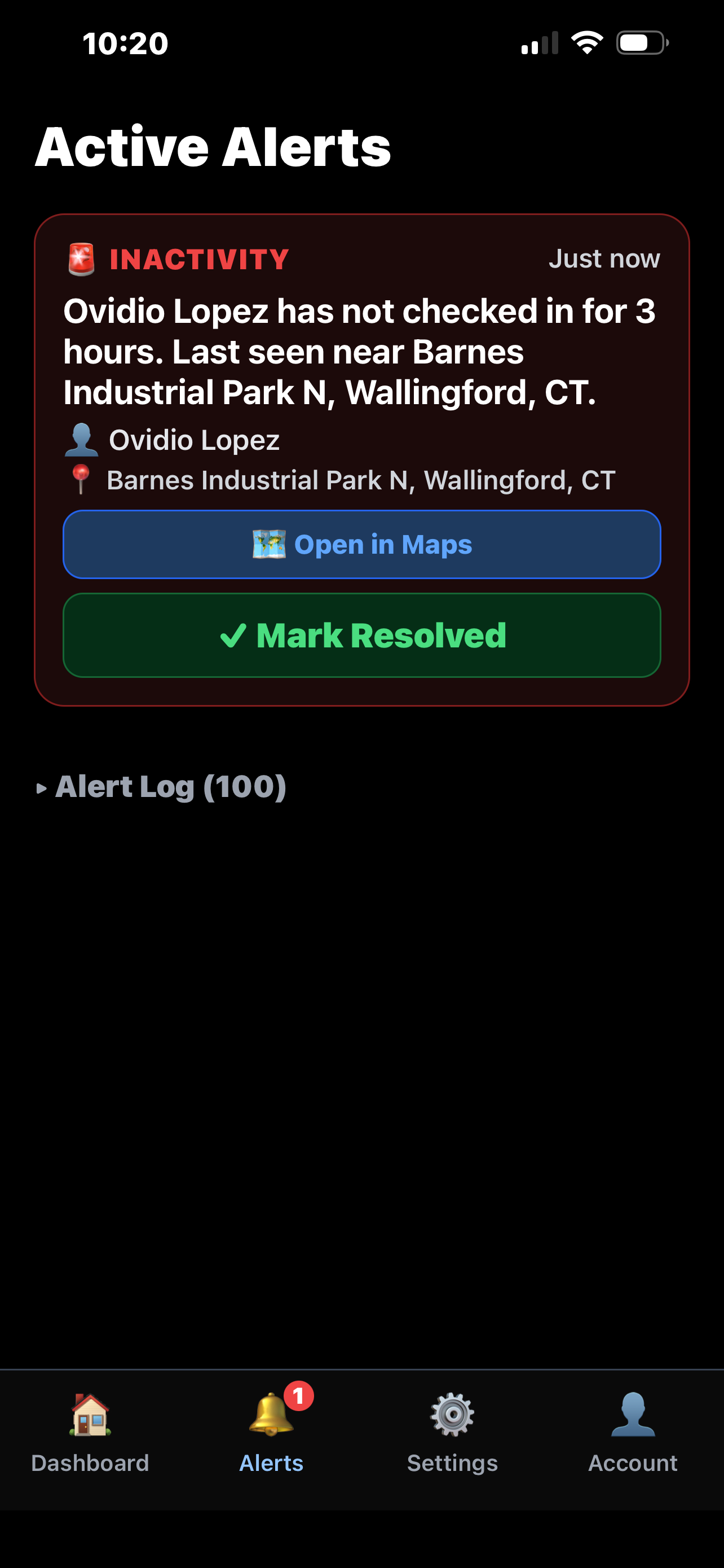 Alerts screen with location