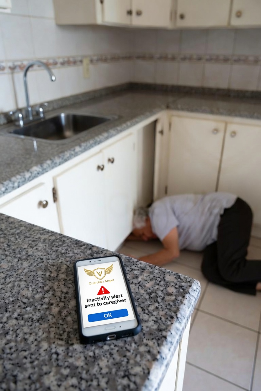 A senior on the kitchen floor after a fall; the phone on the counter shows Guardian Angel has already alerted his caregiver